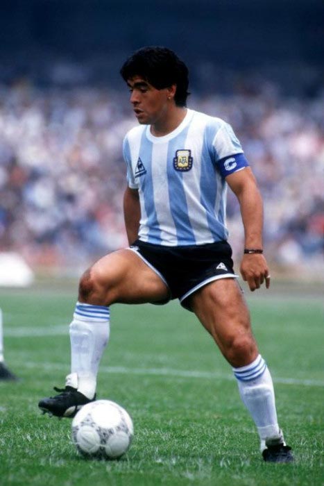 Diego Maradona controls the ball during a friendly match for Argentina in 1989