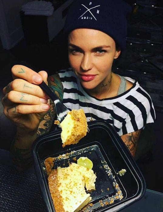 Ruby Rose eating a cake